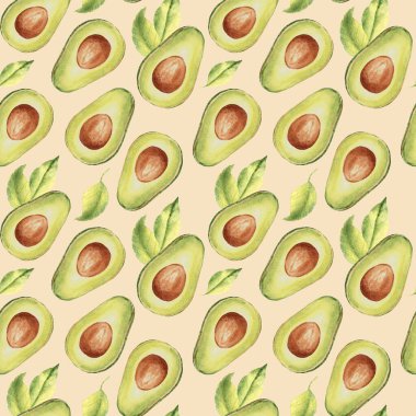 Suluboya desensiz olgun avokado yarımları ve bej arkaplanda yapraklar. Mutfak tekstil baskıları ve ürün ambalaj tasarımı için kullanılabilir