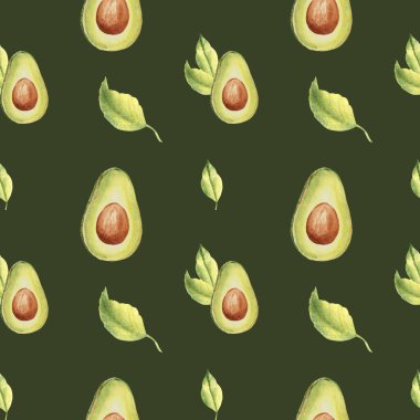 Olgun avokado yarımlarının dikişsiz suluboya deseni ve koyu yeşil arka planda yapraklar. Mutfak tekstil baskıları ve ürün ambalaj tasarımı için kullanılabilir