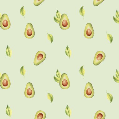 Olgun avokado yarımları ve açık yeşil arkaplanda yapraklar. Mutfak tekstil baskıları ve ürün ambalaj tasarımı için kullanılabilir