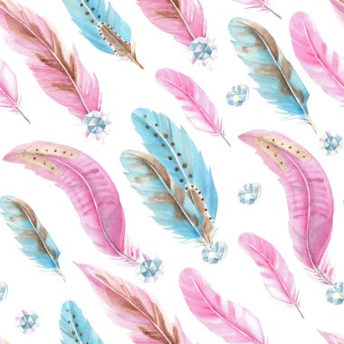 Pembe ve mavi tüyleri ve mücevher kristalleri ya da boncukları olan suluboya desenli. El çizimi suluboya çizimi. Kumaş, tekstil ve ambalaj izleri için kullanılabilir