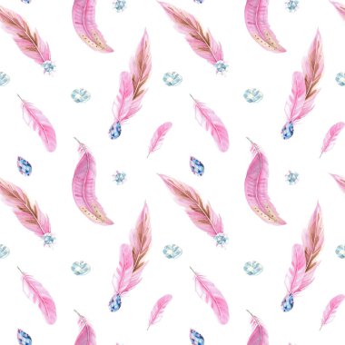 Pembe tüylü, mücevher kristalli ya da boncuklu suluboya desenli. El çizimi suluboya çizimi. Kumaş, tekstil ve ambalaj izleri için kullanılabilir