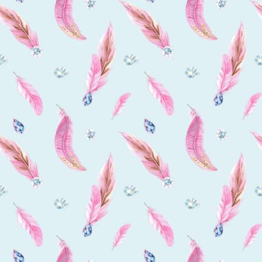 Pembe tüylü, Mücevher Kristalli ya da mavi arka planda boncuklu suluboya desenli. El çizimi suluboya çizimi. Kumaş, tekstil ve ambalaj izleri için kullanılabilir