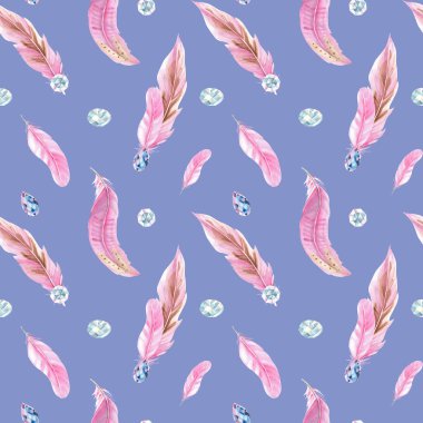 Pembe tüylü, Mücevher Kristalli ya da mavi arka planda boncuklu suluboya desenli. El çizimi suluboya çizimi. Kumaş, tekstil ve ambalaj izleri için kullanılabilir