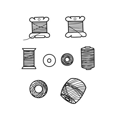 Dikiş ve nakış, örgü ya da makrome, üst ve yan görünüm için farklı iplik makaraları seti. Skeins 'in el çizimi Vektör çizimi. Terzi için makarna, karalama tarzı el işi, izole edilmiş.