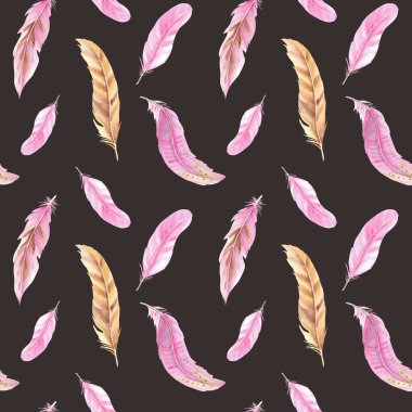 Pembe ve bej tüylü kusursuz desen. Siyah bir arkaplanda suluboya el çizimi. Kumaş, tekstil ve ambalaj izleri için kullanılabilir