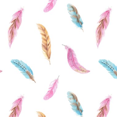 Renkli tüyler, beyaz arkaplanda pürüzsüz bir desen. El çizimi çizimi. Kumaş, tekstil ve ambalaj izleri için kullanılabilir