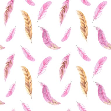 Beyaz arka planda pembe ve bej renkli tüyler suluboya desenli. El çizimi çizimi. Kumaş, tekstil ve ambalaj izleri için kullanılabilir