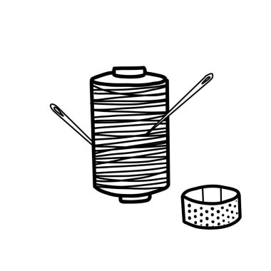 İğneli iplik makarası ve Yüksük Kompozisyonu. Beyaz arka planda izole edilmiş terziler için aksesuarlar. Elle çizilmiş vektör çizimi. Elle dikilmek için mükemmel.