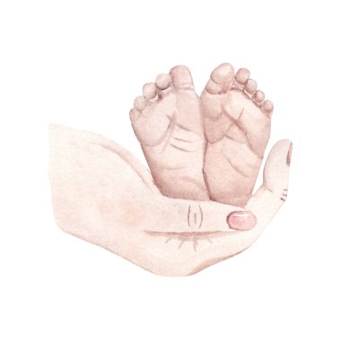 Anne Eller 'de yeni doğmuş bebek ayakları. Annelik kavramınız kutlu olsun. Beyaz bir arka planda, Anneler Günü için elle çizilmiş suluboya çizimi. Bebek partisi ve cinsiyet partisi kartları ve davetiyeleri için.