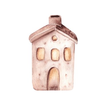 Ceramic Light House. Handmade brown Rustic Lantern for Candles and tealights. Home decoration. Watercolor hand drawn illustration isolated on white background. Clip art for Christmas or Housewarming clipart