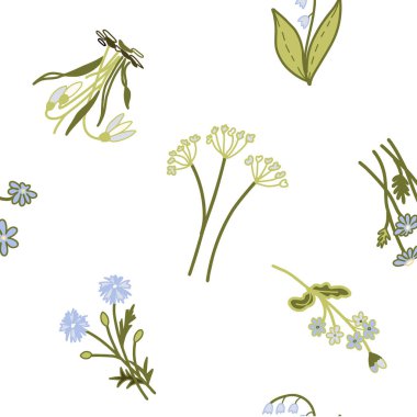 Vektör Çiçeksiz Desen, narin renkli Çiçekler. Kartanesi, Daisy, vadideki Lily, Unutma-beni, Cornflower. Minimalist çizim Doodle stili Vektör çizimi. Botanik için ideal