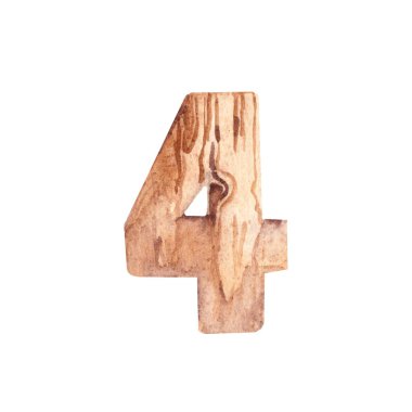 Dört numaralı tahta. Ön manzara. Beyaz arkaplanda suluboya ekolojik illüstrasyon izole edildi. Gerçekçi ahşap dokuya sahip tasarım ögesi.