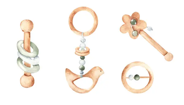 Tahta Eko Bebek Oyuncakları. Çıngıraklı yılanlar ve Teethers. Beyaz arka planda mavi, yeşil ve bej renklerle suluboya el çizimi. Çocuk eşyaları, etiketleri, bebek partisi için klip sanatı