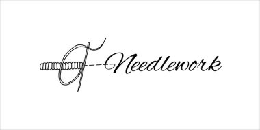 İğne işi konsepti. İğne ve iplik siluetleri, manuel dikiş. El çizimi Vektör çizimi, beyaz arka planda izole edilmiş çizgi sanatı. Hobi, Dikiş ve Nakış grafikleri. Tam oldu.