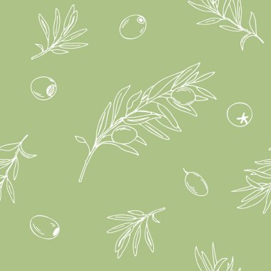 Zeytin dalları, grafiksiz desen. Yeşil arka planda beyaz çizgili sanat. Elle çizilmiş Vektör çizimi. Tekstil, duvar kağıdı baskıları ve ambalaj için kullanılabilir.