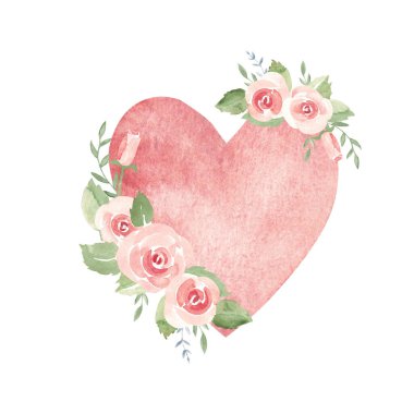 Sevgililer Günü ya da Ala Prima Simple tarzındaki Heart and Pink Roses 'dan düğün çiçekleri beyaz arka planda izole edilmiş. Kartlar, davetiyeler ve baskılar için aşk ve romantik illüstrasyon