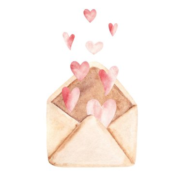 Açık Zanaat Zarfı pembe ve kırmızı kalplerle dolu, aşkı, romantizmi ve sevgiyi simgeliyor. Sevgililer günü ya da düğün kompozisyonu. Suluboya el pastel renklerle Vintage illüstrasyonunu çizdi