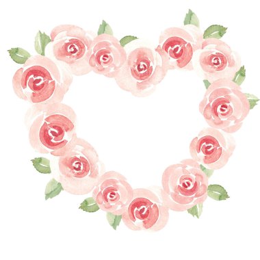 Kalp şeklinde sevgililer günü ya da Pembe Gül ve Yapraklar 'dan düğün çiçeği çelengi. Romantik çerçeve, sınır. Ala Prima resmi beyaz arka planda izole edilmiş. Kartlar ve davetiyeler için aşk illüstrasyonu