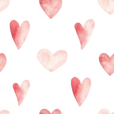 Sevgililer Günü ya da Düğün Suluboya Pembe Kalpli Kusursuz Düzen. Beyaz arka planda izole edilmiş suluboya el çizimi. Kumaş veya tekstil baskıları için hediye paketi kağıdı.