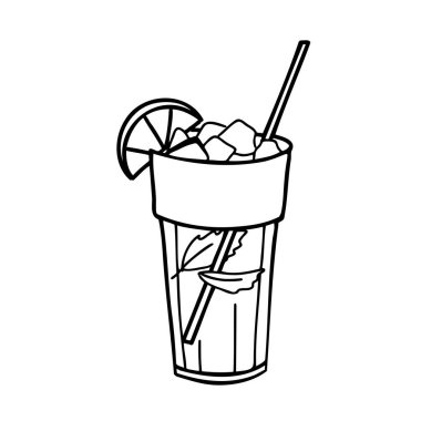 Mojito kokteyli ya da buzlu limonata bardağı ve samanla bir dilim limon ve nane yaprağı. Elle çizilmiş vektör çizimi Doodle tarzında izole edilmiş. Kokteyl barı menüsü, logo ya da yaz partisi için