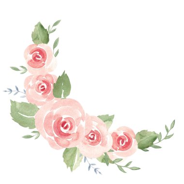 Çiçekler, yapraklar ve dallardan Pembe Güller çiçek kompozisyonu. Beyaz arka planda izole edilmiş basit bir resim. Düğün, doğum günü kartları, davetiyeler ve baskılar için aşk ve romantik illüstrasyon