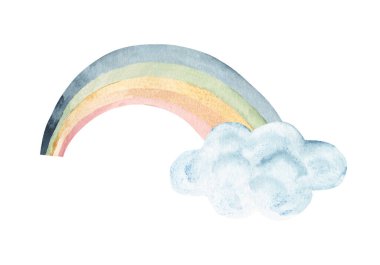 Pastel renklerde mavi bulutlu renkli gökkuşağı. Beyaz arka planda izole edilmiş suluboya el çizimi. Çocuklar için tasarım, tebrik kartları ve çocuk posterleri.