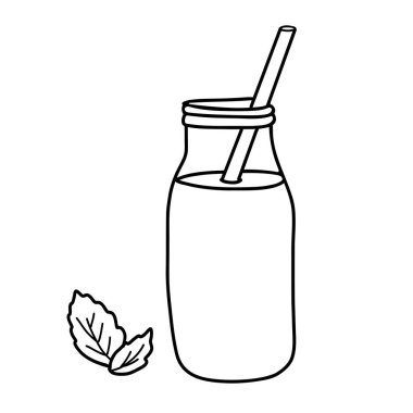 Smoothie ya da Detox kokteyli şişede samanla. Sağlıklı içecek vektörü illüstrasyonu arka planda izole edilmiş. Siyah beyaz taslak çizim. İçecek markası için ideal.