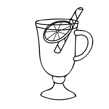 Sıcak şarap kadehi ya da portakal dilimli gluhwein. Siyah ve Beyaz el çizimi vektör çizimi çizimi. Doodle tarzı. Kafe, bar ya da restoran menüsü için kış şarabı koleksiyonu, logo