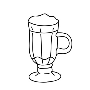 Latte, İrlanda ya da buzlu kahve kokteyli. El çizimi Vektör Doodle çizimi beyaz arka planda izole edilmiş. Siyah ve beyaz çizim. İçecek markası, kafe menüsü ve grafik tasarımı için ideal