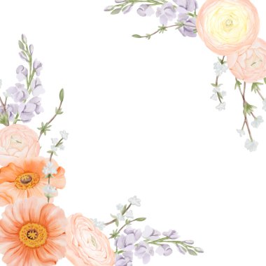 Spring Square Frame, Sınır. Ranunculus ve İzlanda Poppie Flowers, Freesia ve Snow Willow şubelerinden köşe buketleri. Suluboya elle boyanmış, beyaz bir botanik çizimi.