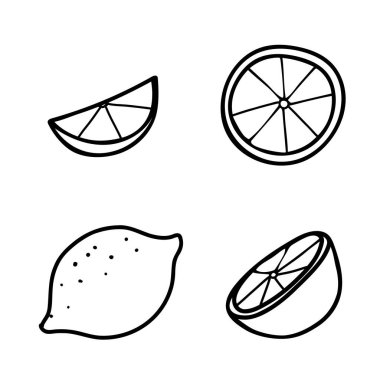 Limon takımı. Elle çizilmiş meyve ve turunçgilerin karalama elementleri. Beyaz arka planda izole edilmiş siyah ve beyaz çizgi sanatı. Ürün ambalajı, menü, logolar için