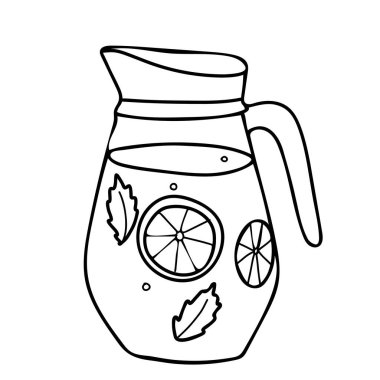 Limonata sürahisi. Limon ve naneli yaz içeceği. Arka planda el çizimi vektör çizimi izole edilmiş. Restoran menüleri ve grafik tasarım projeleri için