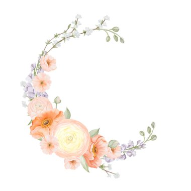 Ranunculus ve İzlanda Gelincik Çiçekleri, Freesia, Şeftali veya Kiraz ve Kar Söğüt Dalları 'ndan suluboya bahar çiçekleri. El boyaması botanik çizimi beyaz arka planda izole edilmiş.