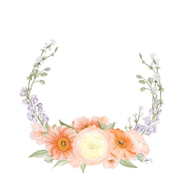 Ranunculus ve İzlanda Gelincik Çiçekleri Freesia, Şeftali veya Kiraz ve Kar Söğüt Dalları 'ndan Bahar Çiçekleri Çelengi. Beyaz arkaplanda izole edilmiş suluboya el çizimi