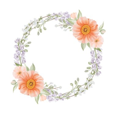 Bahar çiçeklerinden çelenk. İzlanda gelincikleri, Freesia ve Peach veya Cherry ve Snow Willow şubeleri. Çember çerçeve, sınır. Beyaz arkaplanda izole edilmiş suluboya el çizimi