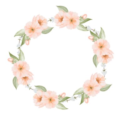 Şeftali veya Kiraz, Sakura Çelengi. Bahar Çemberi, Sınır. Beyaz arka planda izole edilmiş suluboya elle boyanmış botanik çizimler. Kartlar için çiçek sanatı, tarihi kaydet, düğün davetiyeleri