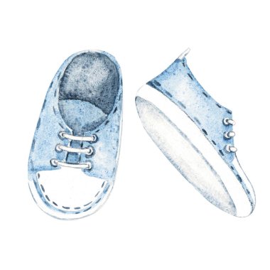 Bebek spor ayakkabıları. Yeni doğan bir çocuk için mavi ayakkabılar. El çizimi suluboya çizimi beyaz arka planda izole edilmiş. Davetiyeler, cinsiyet partisi, bebek partisi, tebrik kartları, kreş...
