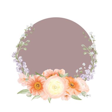 Yumuşak Ranunculus ve İzlanda Haşhaş Çiçekleri, Freesia, Şeftali veya Kiraz çiçekleri ile zarif bir çiçek çerçevesi olan Kar Söğüt Dalları sessiz kahverengi bir çember etrafında dizildi. Suluboya el çizimi botanik