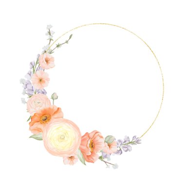 Bahar Çiçekleri 'yle birlikte altın halka çerçevesi. Ranunculus, İzlanda gelincikleri, Freesia, Peach veya Cherry ve Snow Willow şubeleri. El boyaması botanik çizimi beyaz arka planda izole edilmiş.
