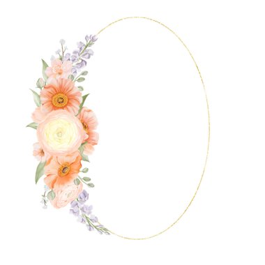 Bahar Çiçekleri ile altın oval çerçeve. Ranunculus, İzlanda gelincikleri, Freesia, Peach veya Cherry ve Snow Willow şubeleri. Beyaz bir arka planda el yapımı botanik çizimi. Çiçek sanatı