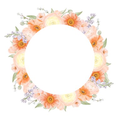 Bahar çiçeklerinin pastel renkte olduğu bir çerçeve. Ranunculus, İzlanda gelincikleri, Freesia, Peach veya Cherry ve Snow Willow şubeleri. El boyaması botanik çizimi beyaz arka planda izole edilmiş.