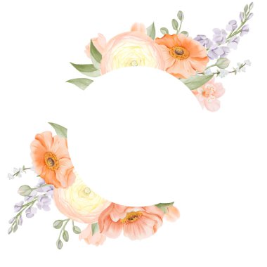 Ranunculus, İzlanda gelincikleri, Freesia, Peach veya Cherry ve Snow Willow şubeleriyle bahar çiçekleri çerçevesi. Beyaz bir arka planda el yapımı botanik çizimi. Kartlar, logolar için