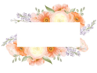 Yatay çerçeve, Ranunculus, İzlanda Poppies, Freesia, Peach veya Cherry ve Snow Willow şubeleriyle sınır. El çizimi bahar çiçekleri beyaz arka planda izole edilmiş. Kartlar, logolar için
