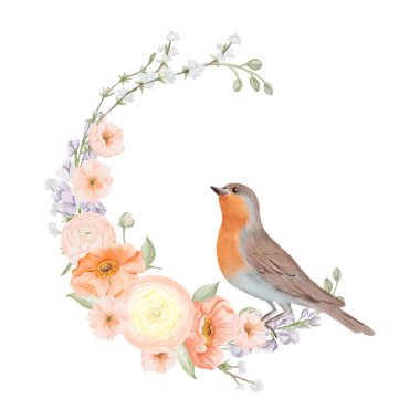 Bahar Çiçekleri Çelengi 'nde oturan kuş. Ranunculus ve İzlanda Poppie Flowers, Freesia, Peach veya Cherry ve Snow Willow Branches ile çiçek kompozisyonu. El yapımı botanik çizimi izole edildi