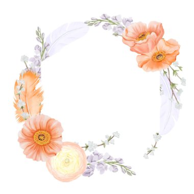 Bahar Çiçekleri 'nden Geometrik altıgen çerçeve ve pastel renkli tüyler. İzlanda gelincikleri, Ranunculus, Freesia ve kar söğüdü dalları. Suluboya el çizimi beyaz bir resimde izole edilmiş