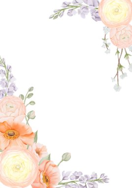 Bahar Çiçekleri dikey kare çerçevesi Ranunculus ve İzlanda gelincik çiçekleri Freesia, Peach veya Cherry ve Snow Willow şubelerinden. Suluboya elle boyanmış kart şablonu. Kartlar için, kaydedin