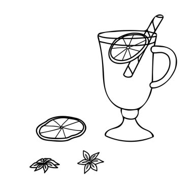 Sıcak şarap kadehi ya da kurutulmuş portakal dilimi ve anason yıldızlı gluhwein. Siyah ve Beyaz el çizimi vektör çizimi çizimi. Doodle tarzı. Kafe ve bar menüsü için kış şarabı koleksiyonu.
