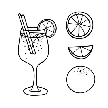 Aperol Spritz Cocktail ve Orange Set. Elle çizilmiş alkollü içeceğin portakal rengi meyve ve dilimleri Doodle tarzında illüstrasyonu. Kokteyl barı menüsü, logo ya da yaz partisi davetiyeleri için.