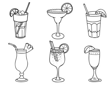 Yaz Kokteyli seti. Aperol Spritz, Mojito, Margarita, Bellini, Pina Colada ve Tequila Sunrise. Elle çizilmiş alkol illüstrasyonunda meyveli ve buzlu Doodle tarzı içki. Kokteyl barı için