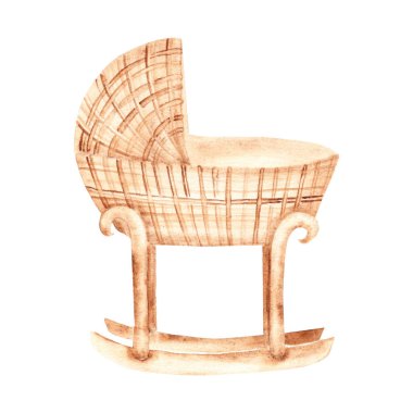 rattan bebek beşiği. Elle çizilmiş suluboya beşik çizimi eko tarzı. Yeni doğmuş bebekleri karşılamak için çocuk aksesuarları ya da doğum günü kartları, bebek partisi davetiyeleri
